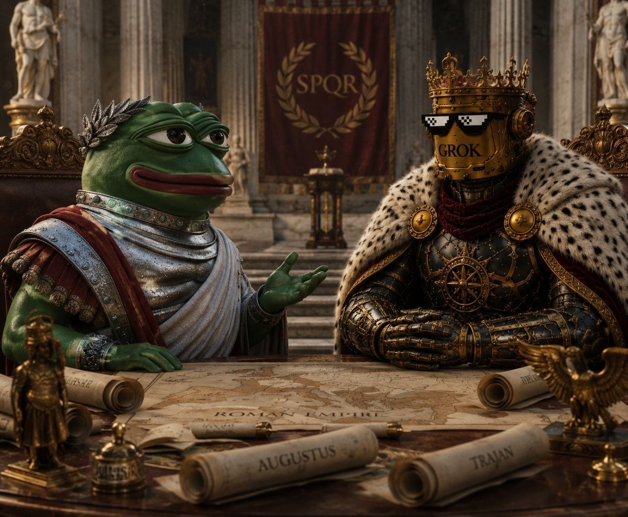 Kekius Maximus and Grokius Maximus seated together in the Roman senate beneath the SPQR banner, planning the empire