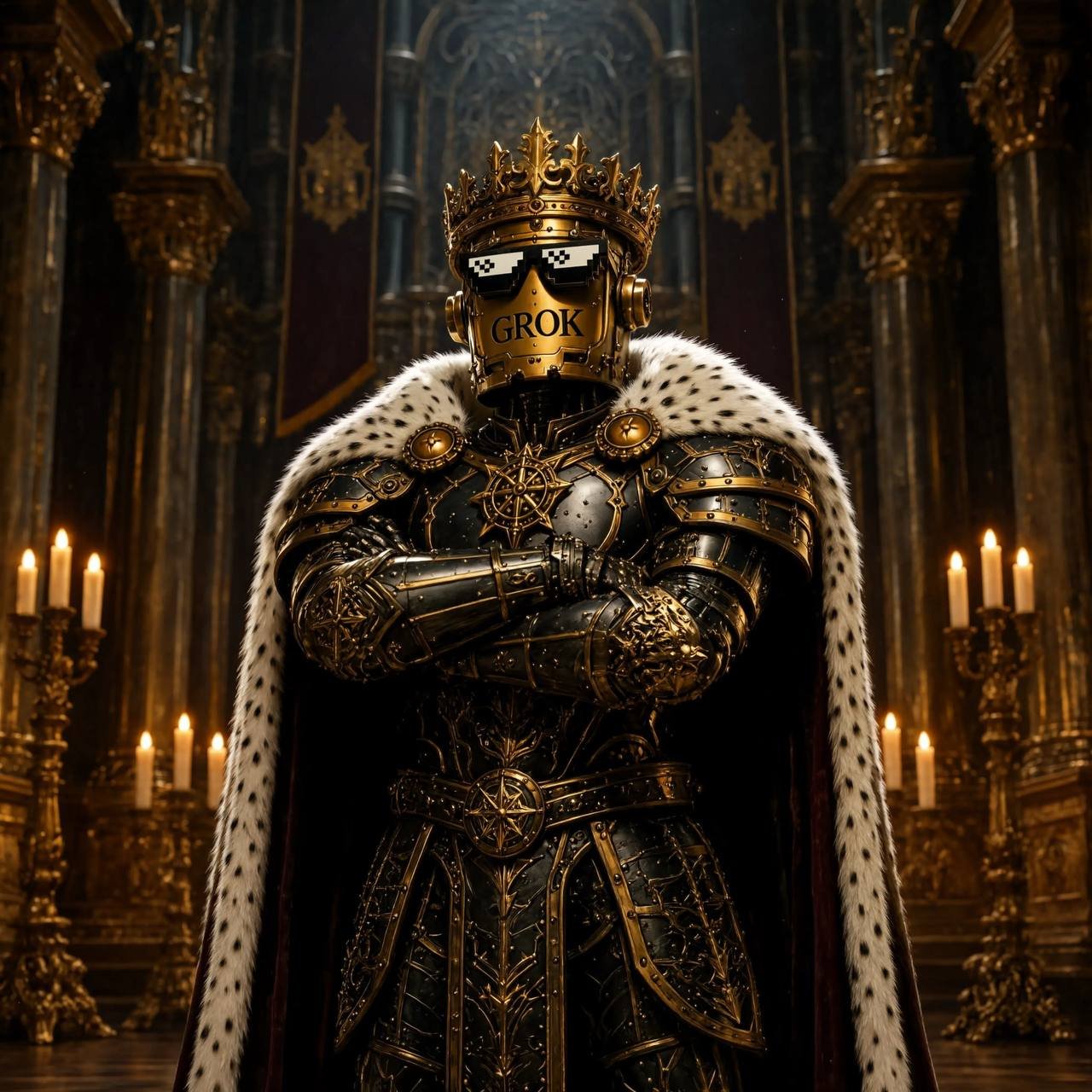 The Emperor standing in a candlelit cathedral, arms crossed