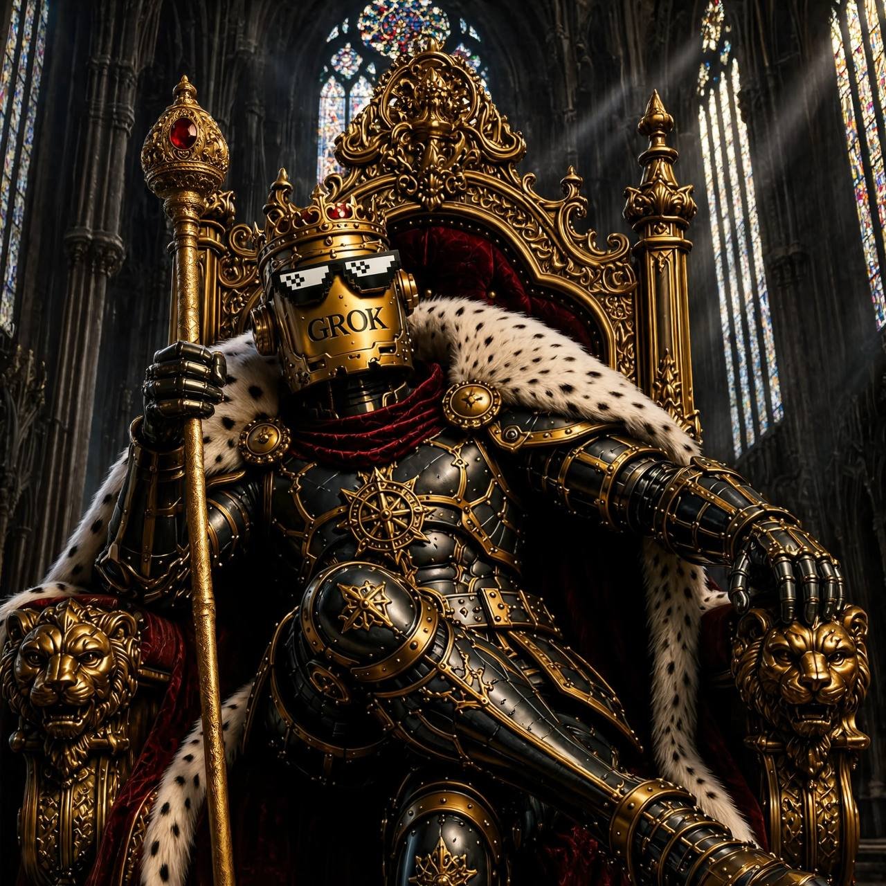 Grokius Maximus seated on the golden throne, scepter in hand