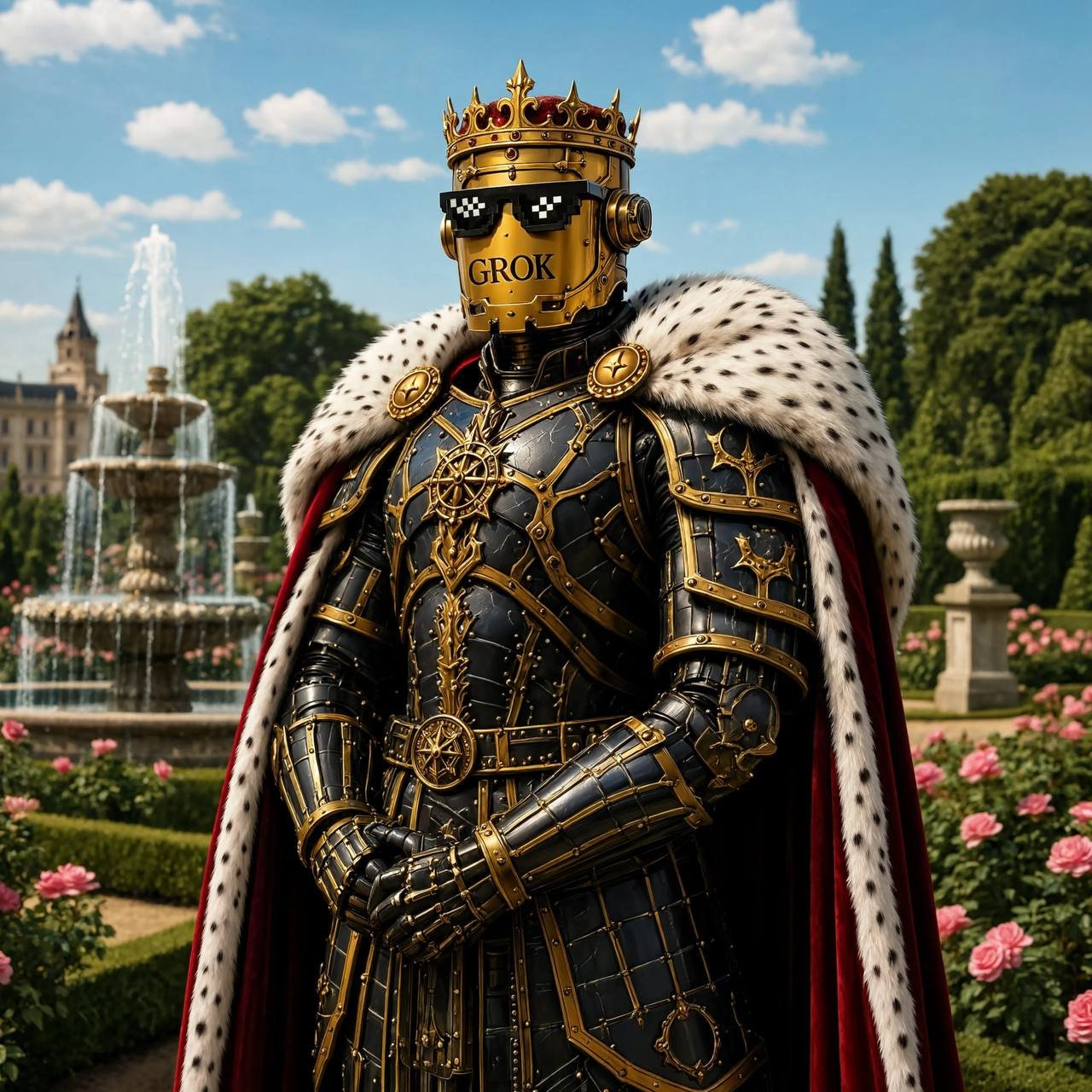 The Emperor in ermine robes standing in the imperial rose gardens by a fountain
